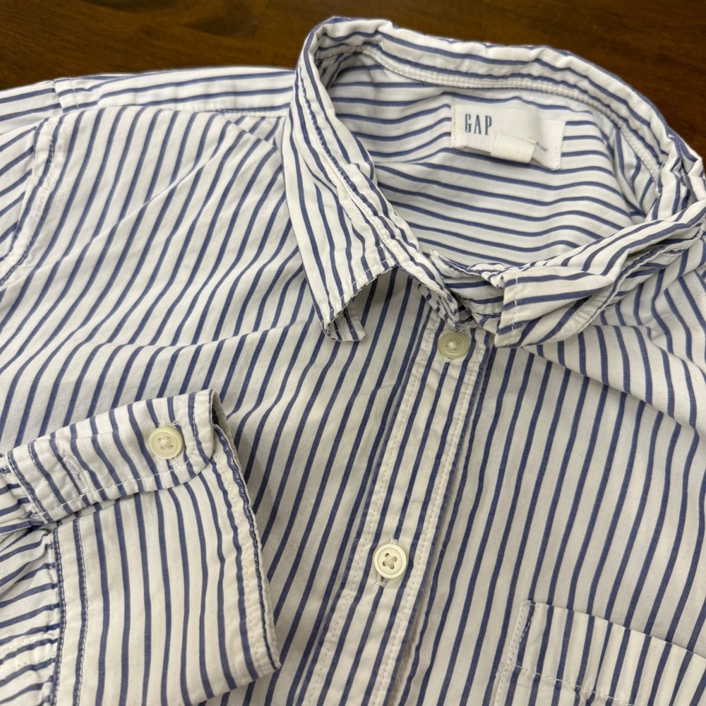 Gap Fitted Boyfriend Shirt Women Medium Blue White Striped Cotton